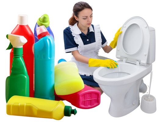 ผู้หญิงทำความสะอาดชักโครก ทำความสะอาดห้องน้ำ ขวดน้้ำยาทำความสะอาด ผลิตภัณฑ์ทำความสะอาดโถสุขภัณฑ์