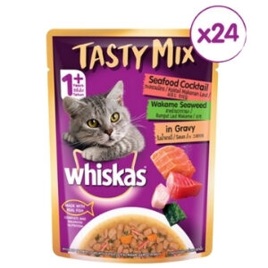 วิสกัส อาหารแมวแบบเปียก เทสตี้มิกซ์ สำหรับแมว 1 ปีขึ้นไป พร้อมทะเลรวมมิตร สาหร่ายวากาเมะ