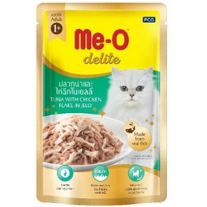Me-O อาหารแมวเปียก สำหรับแมโต ดีไลท์ ปลาทูน่าและไก่ฉีกในเยลลี่
