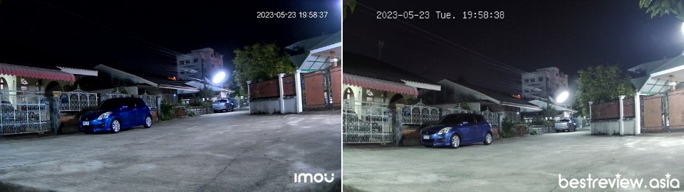 ทดสอบเปรียบดูความละเอียดของภาพในเวลากลางคืน ระหว่าง IMOU Bullet 2E 4MP (ซ้าย) กับ TP-Link VIGI C540-W (ขวา)