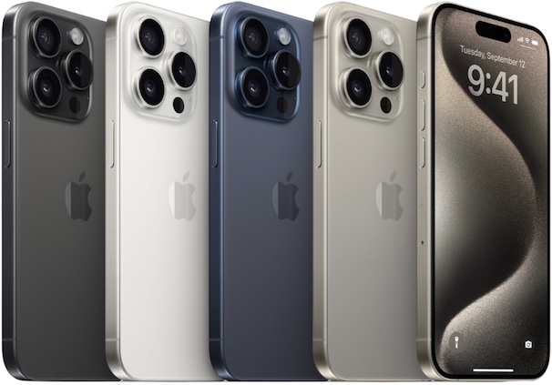 iPhone 15 Pro และ iPhone 15 Pro Max มี 4 สี (ไทเทเนียมธรรมชาติ, ไทเทเนียมน้ำเงิน, ไทเทเนียมขาว, ไทเทเนียมดำ)